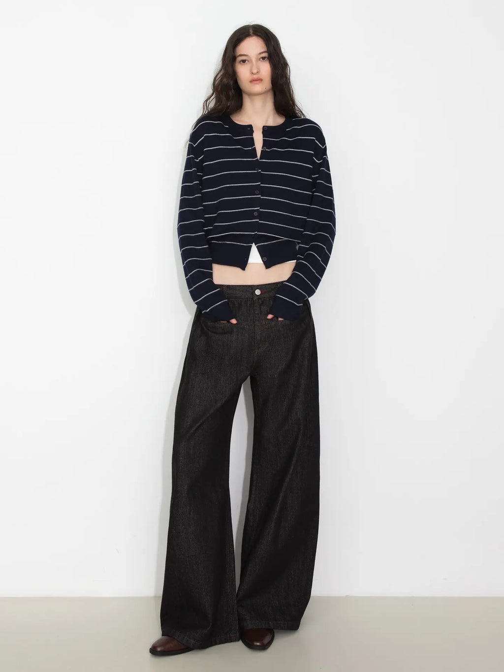 Striped Cropped Knit Cardigan in Navy