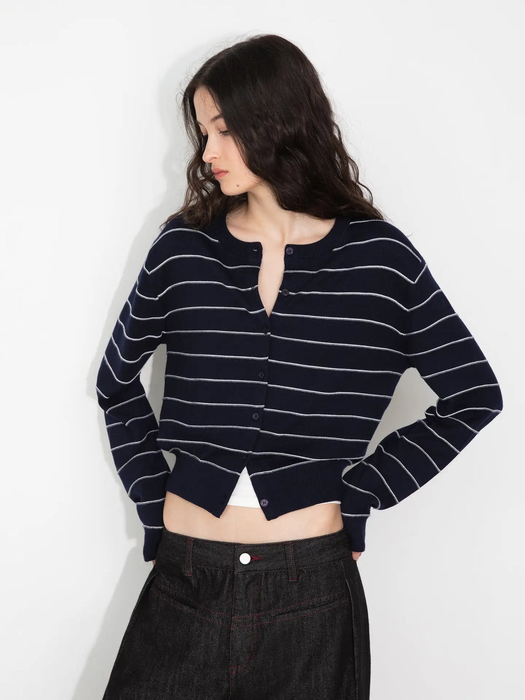 Striped Cropped Knit Cardigan in Navy