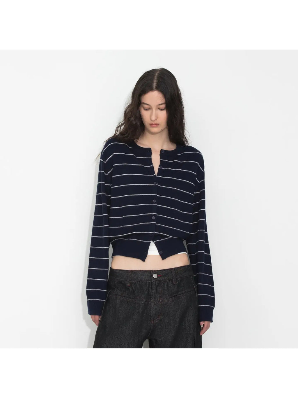 Striped Cropped Knit Cardigan in Navy