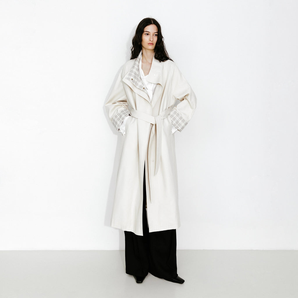 Funnel Neck Colorblock Cuff Trench Coat in Cream