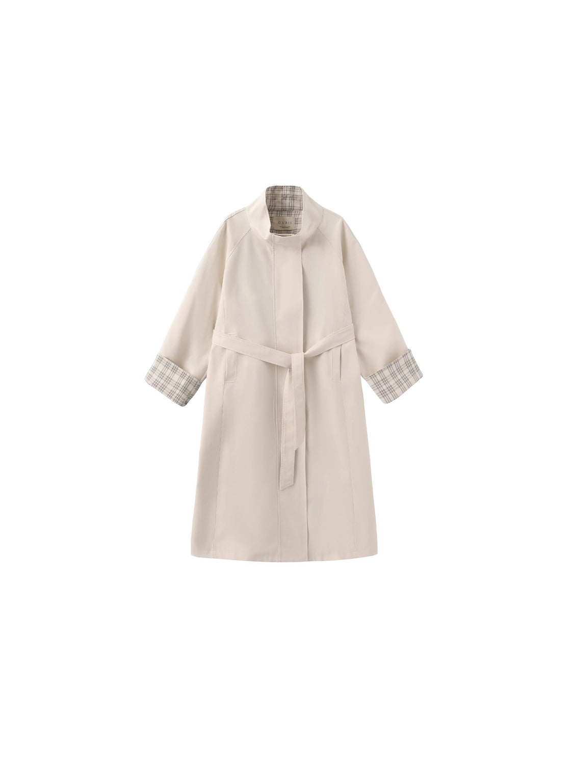 Funnel Neck Colorblock Cuff Trench Coat in Cream