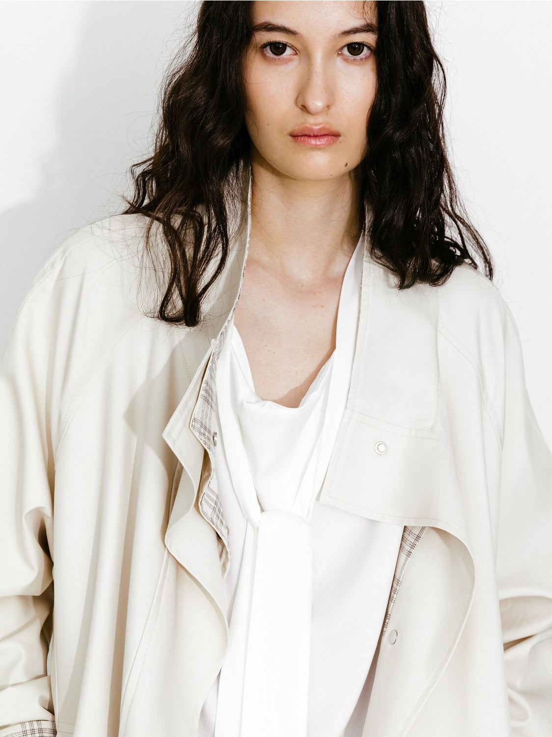 Funnel Neck Colorblock Cuff Trench Coat in Cream